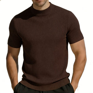 Men's short-sleeved knitted mock neck T-shirt in multiple colors
