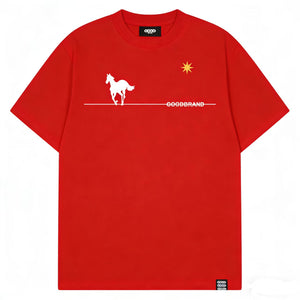 Warhorse print casual short-sleeve t-shirt in black, white, and red colors