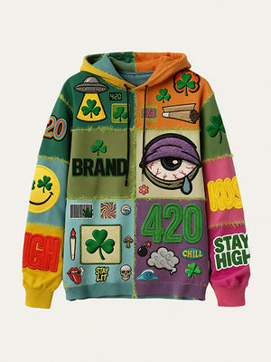 Casual printed polyester sweater in brown, grey, and green colors