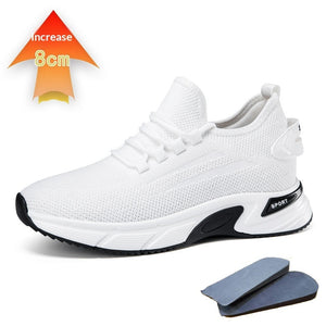 Invisible height-increasing running shoes with mesh upper in black and white colors