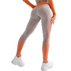 Women's high waist seamless yoga leggings in pink, grey, and orange colors