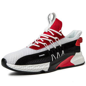 Lightweight men's walking trainers in white yellow, white red, and black blue color options