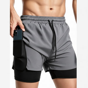 Men's double layer quick dry running shorts with built-in liner and side thigh pocket