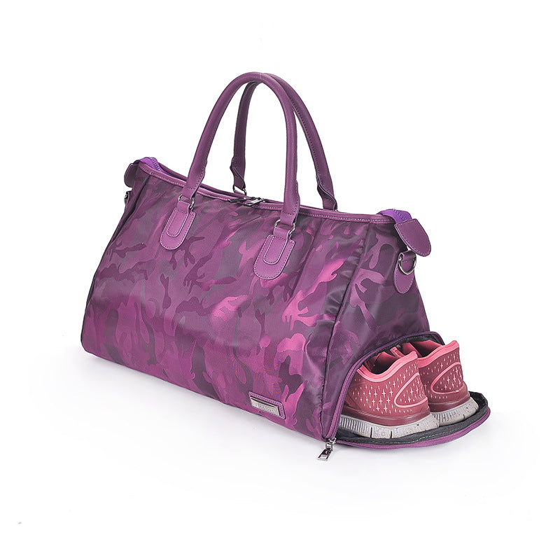 Oxford cloth shoulder gym bag with separate shoe compartment in purple and black