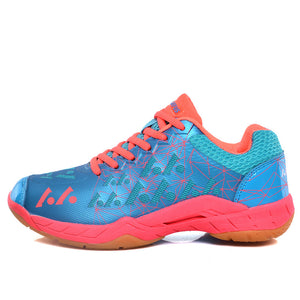 Men's badminton training shoes in blue, sky blue pink, red, and green with mesh upper and rubber sole
