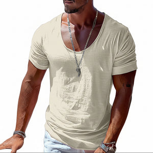 Plus size men's slim-fit V-neck t-shirt in pink, blue, and milky white colors