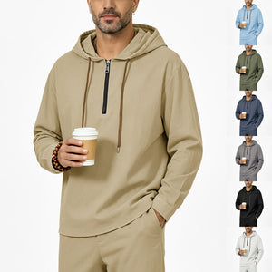 Men's linen hooded half-zip sweatshirt in various colors and sizes