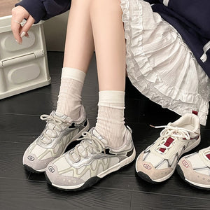 Women's retro color block mesh training shoes in grey and red with thick rubber sole