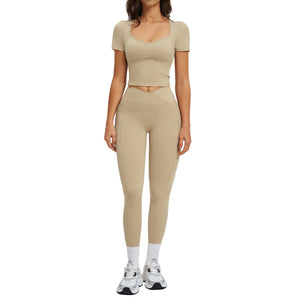 Women's outdoor running fitness workout set in various colors including black, brown, green, red, and camel