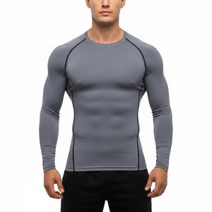 Men's long sleeve compression athletic shirt in purple with contrast raglan seams