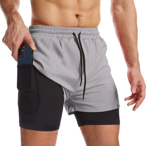 Men's double layer quick dry running shorts with built-in liner and side thigh pocket