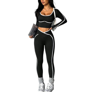 Color-block U-neck backless long-sleeve yoga set with crossed-waist tight pants in various colors