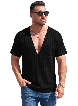 Mens waffle weave deep V short sleeve t-shirt in navy blue