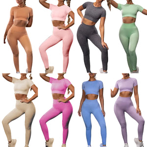 Seamless women's fitness yoga set in multiple colors including grey, pink, and blue