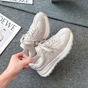 Women's casual lace-up dad shoes in white and beige with genuine leather upper and foam rubber sole