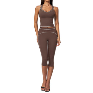 Women's halter-neck V-neck top and tummy-control pants activewear set in multiple colors