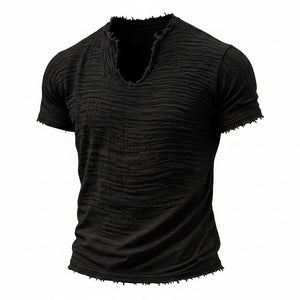 Retro cotton-linen v-neck t-shirt with feathered hem in various colors