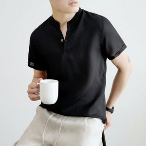 Men's V-neck loose fit breathable short sleeve linen shirt in various colors