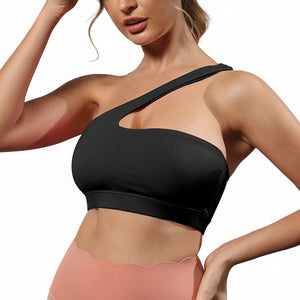 One-shoulder bare-feel sports bra in various colors with medium cup and halter neck straps