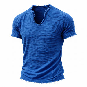 Retro cotton-linen v-neck t-shirt with feathered hem in various colors