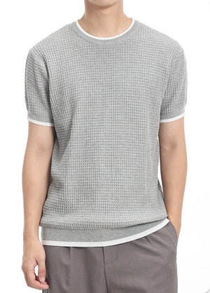 Men's ice silk knitted short-sleeve t-shirt in black, apricot, wine red, and light grey colors