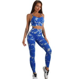 Women's tie-dye print yoga set with high waist shorts or trousers in various colors