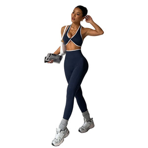 Neck-strap knotted open-back top and yoga pants set for women in multiple colors