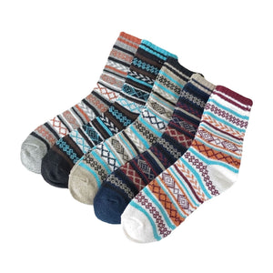 Vintage ethnic-style men's wool winter socks in assorted color block patterns