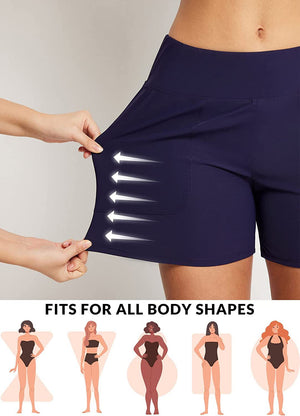 Women's quick dry athletic shorts in black and navy blue shown in various active and casual settings