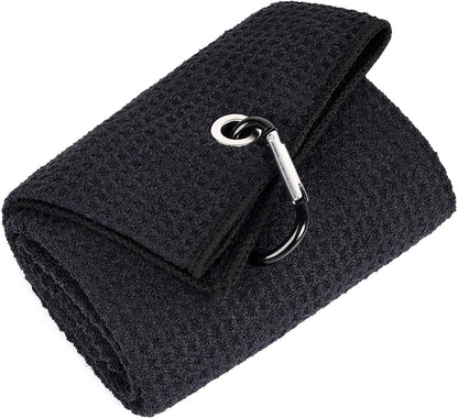 Microfiber Waffle Pattern Golf Towel | Club Groove Cleaner Brush | Foldable Divot Tool with Magnetic Ball Marker (Black Towel/Brush/Bone Divot)