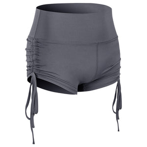Women's side drawstring sports shorts in various colors including black, blue, green, red, grey, and purple