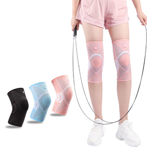 Knee compression sleeves in blue, pink, and black colors