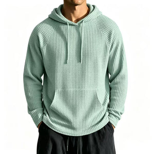 Men's relaxed-fit waffle knit hooded jacket in navy blue with raglan sleeves