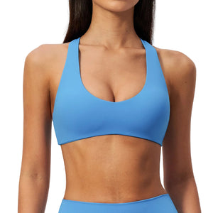 Womens sporty wire-free nylon bra with crisscross back in multiple colors