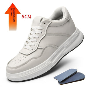 Men's casual leather shoes with hidden height increasing insole in white and black color options