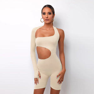 Women's off shoulder fitness yoga set with top and shorts in khaki and black