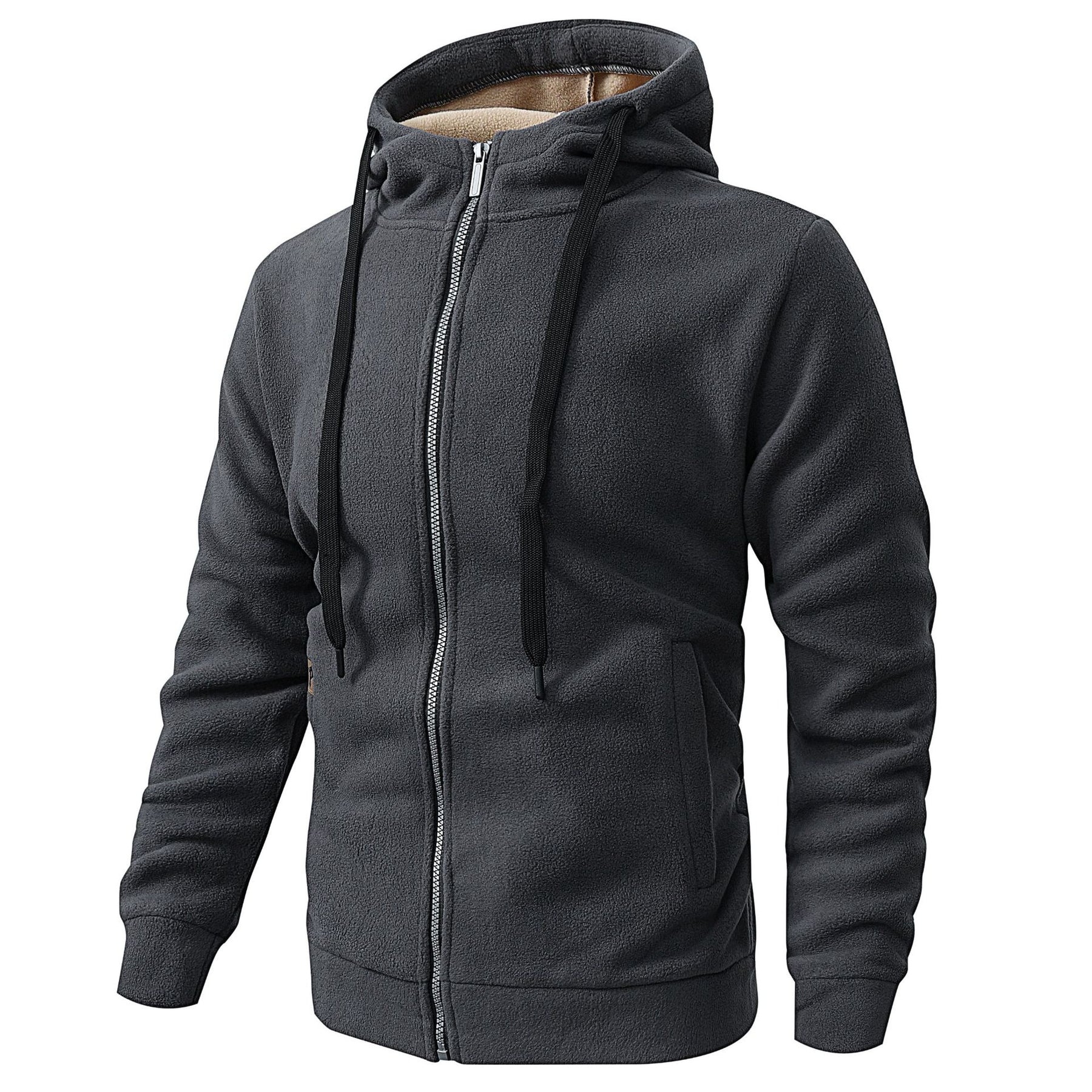 Men's fleece-lined hooded jacket in dark gray, black, army green, and deep blue colors
