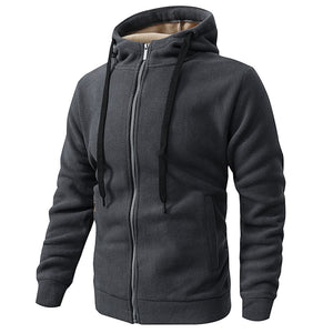 Men's fleece-lined hooded jacket in dark gray, black, army green, and deep blue colors