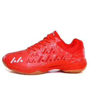 Men's badminton training shoes in blue, sky blue pink, red, and green with mesh upper and rubber sole