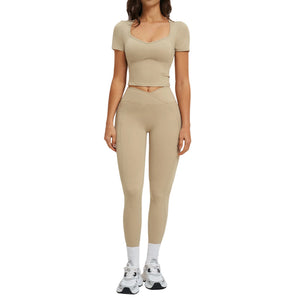 Women's outdoor running fitness workout set in various colors including black, brown, green, red, and camel