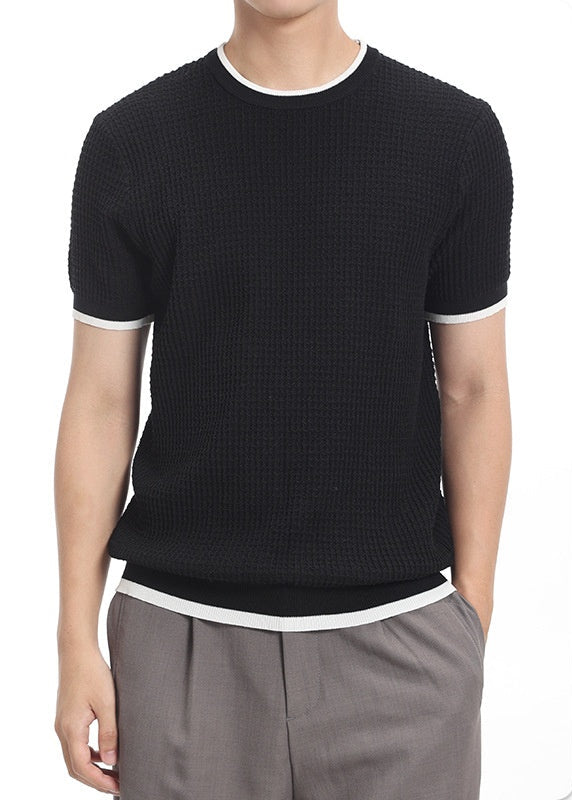 Men's ice silk knitted short-sleeve t-shirt in black, apricot, wine red, and light grey colors