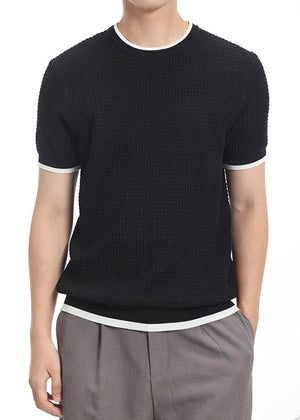 Men's ice silk knitted short-sleeve t-shirt in black, apricot, wine red, and light grey colors