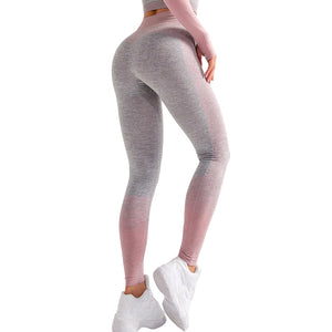 Women's high waist seamless yoga leggings in pink, grey, and orange colors