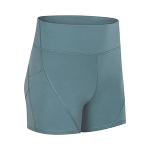Women's high waisted athletic fitness shorts with two side pockets in various colors