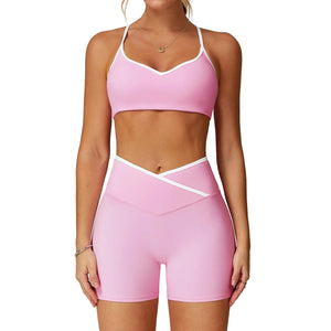 Cross high-waist sports set for women in multiple colors showing bra and shorts combination