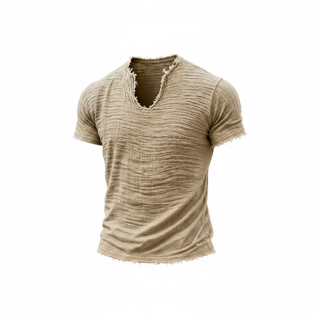 Retro cotton-linen v-neck t-shirt with feathered hem in various colors