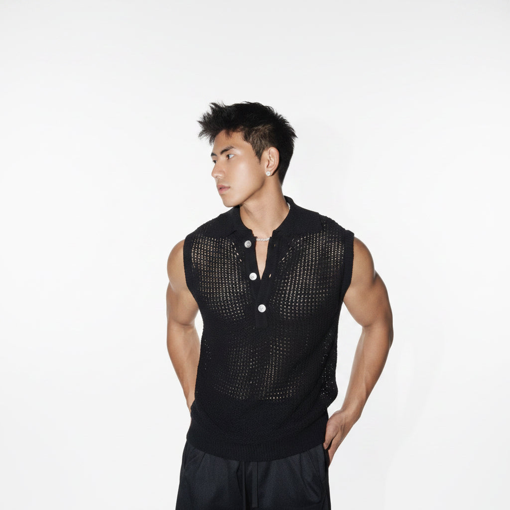 Sleeveless ice silk knit top in black, white, and blue colors