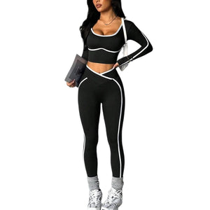 Color-block U-neck backless long-sleeve yoga set with crossed-waist tight pants in various colors