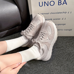 Women's casual lace-up dad shoes in white and beige with genuine leather upper and foam rubber sole