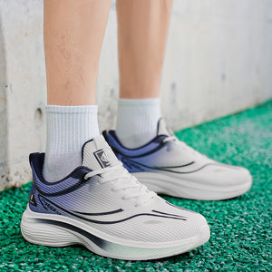 Men's summer fly knit mesh dad sneakers in black, blue, and gray with breathable mesh and rubber sole